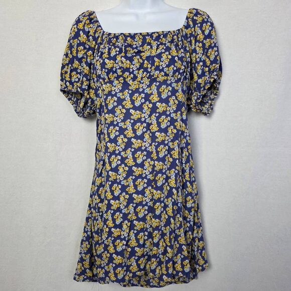 Forever 21 Blue Floral Puff Sleeve Cutout Dress L - Picture 1 of 11